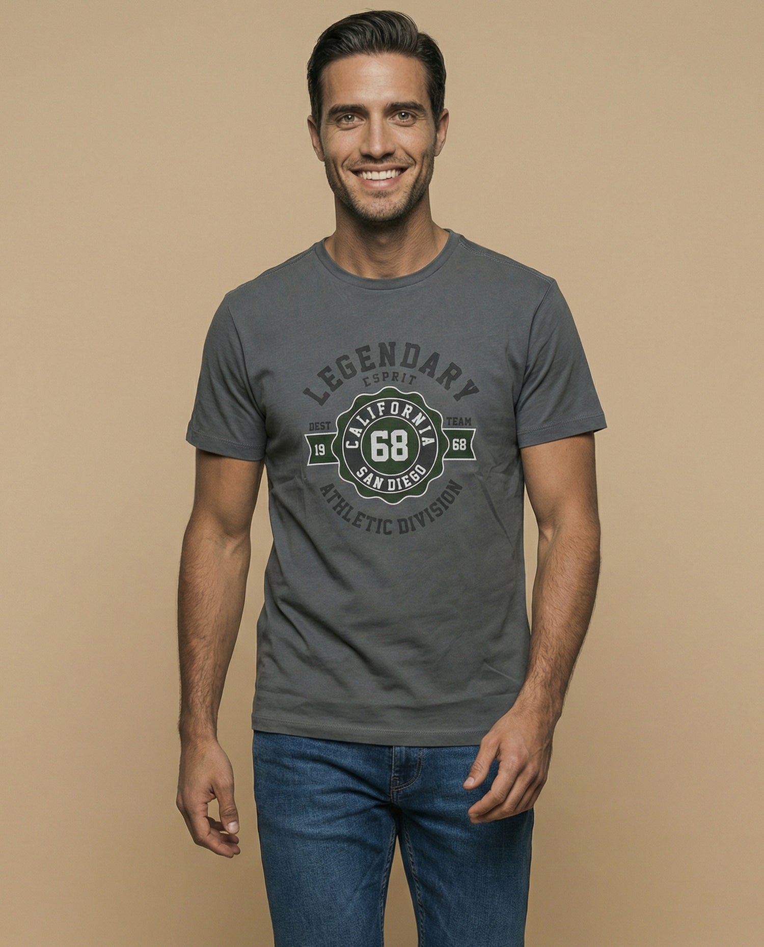 Camiseta manga corta con estampado universitario para hombre - Gris