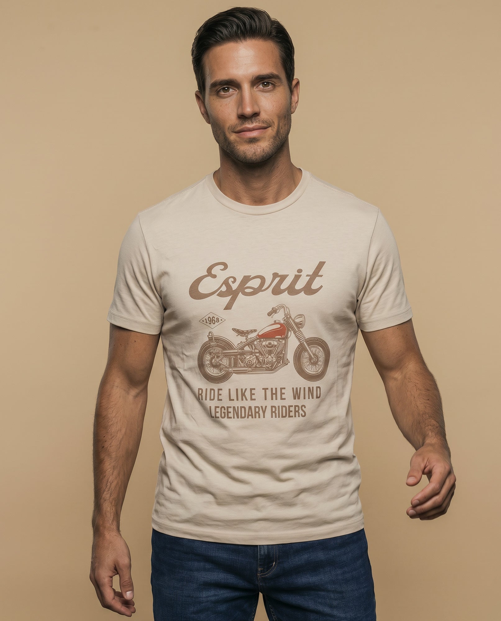 Camiseta manga corta con estampado motociclista vintage para hombre - Beige 34_345F334_BEI130607_0