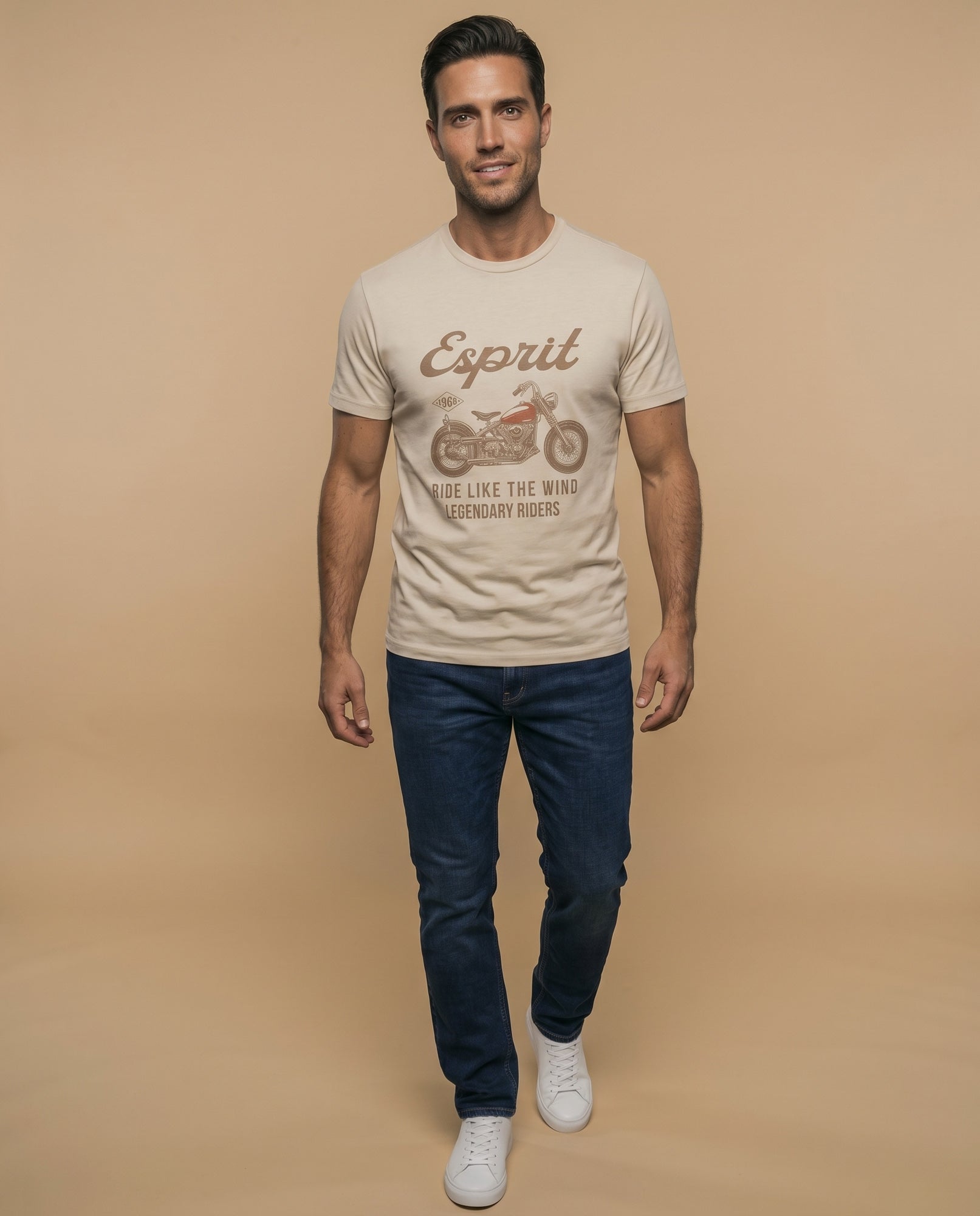 Camiseta manga corta con estampado motociclista vintage para hombre - Beige 34_345F334_BEI130607_5