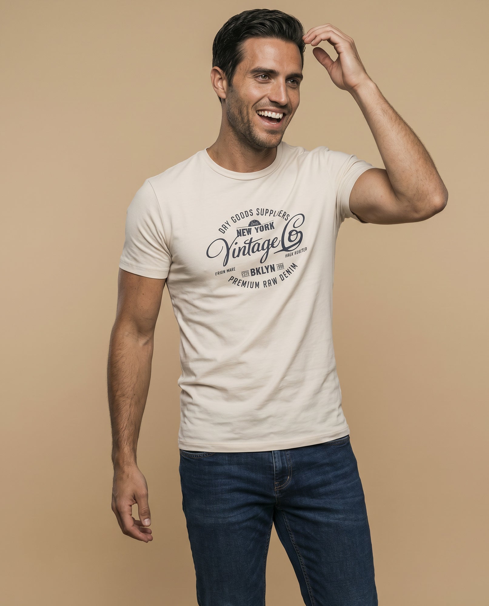 Camiseta manga corta con estampado gráfico vintage para hombre - Beige 34_345F339_BEI130607_0