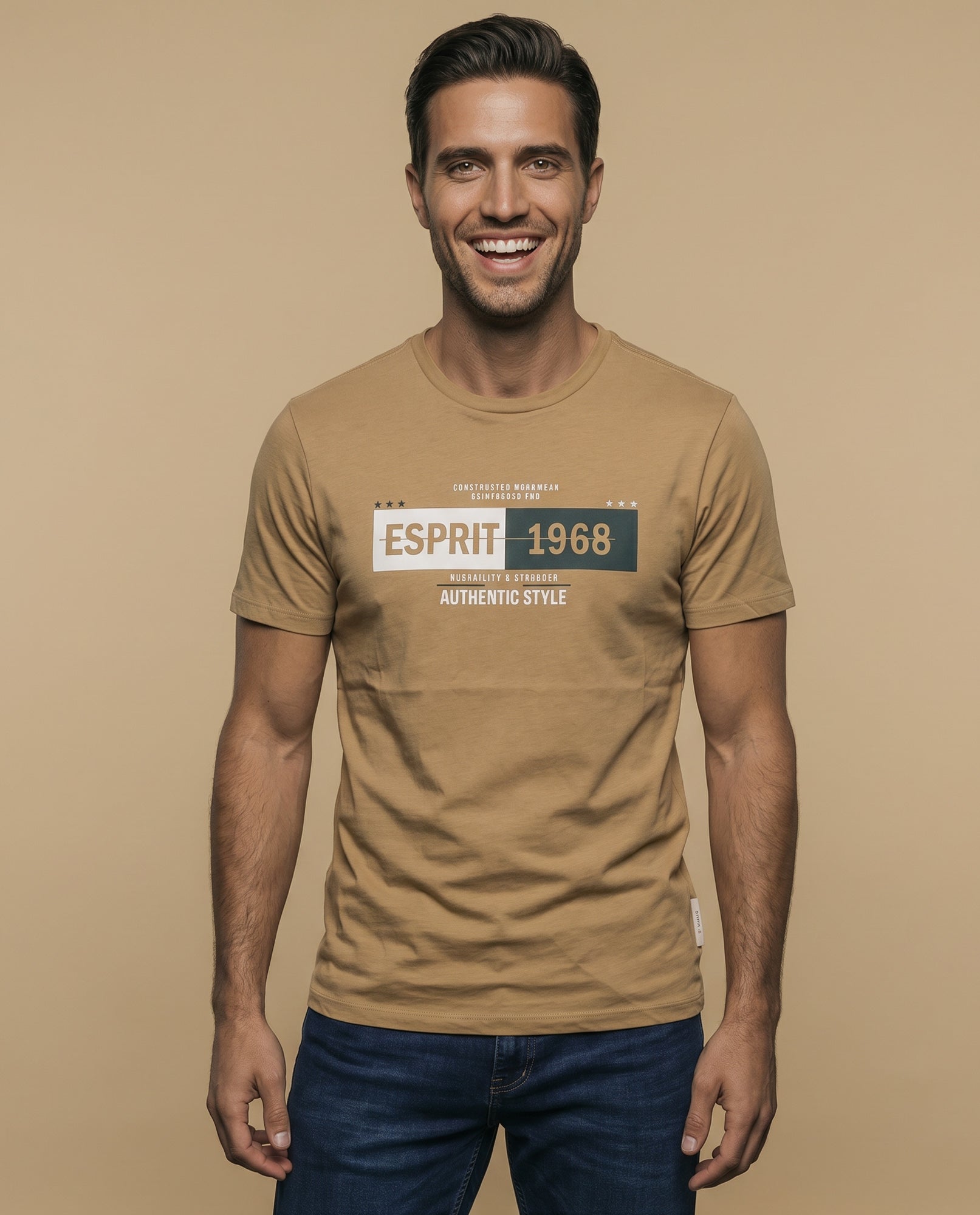 Camiseta manga corta con estampado gráfico ESPRIT 1968 para hombre - Beige 34_345F347_BEI130607_0