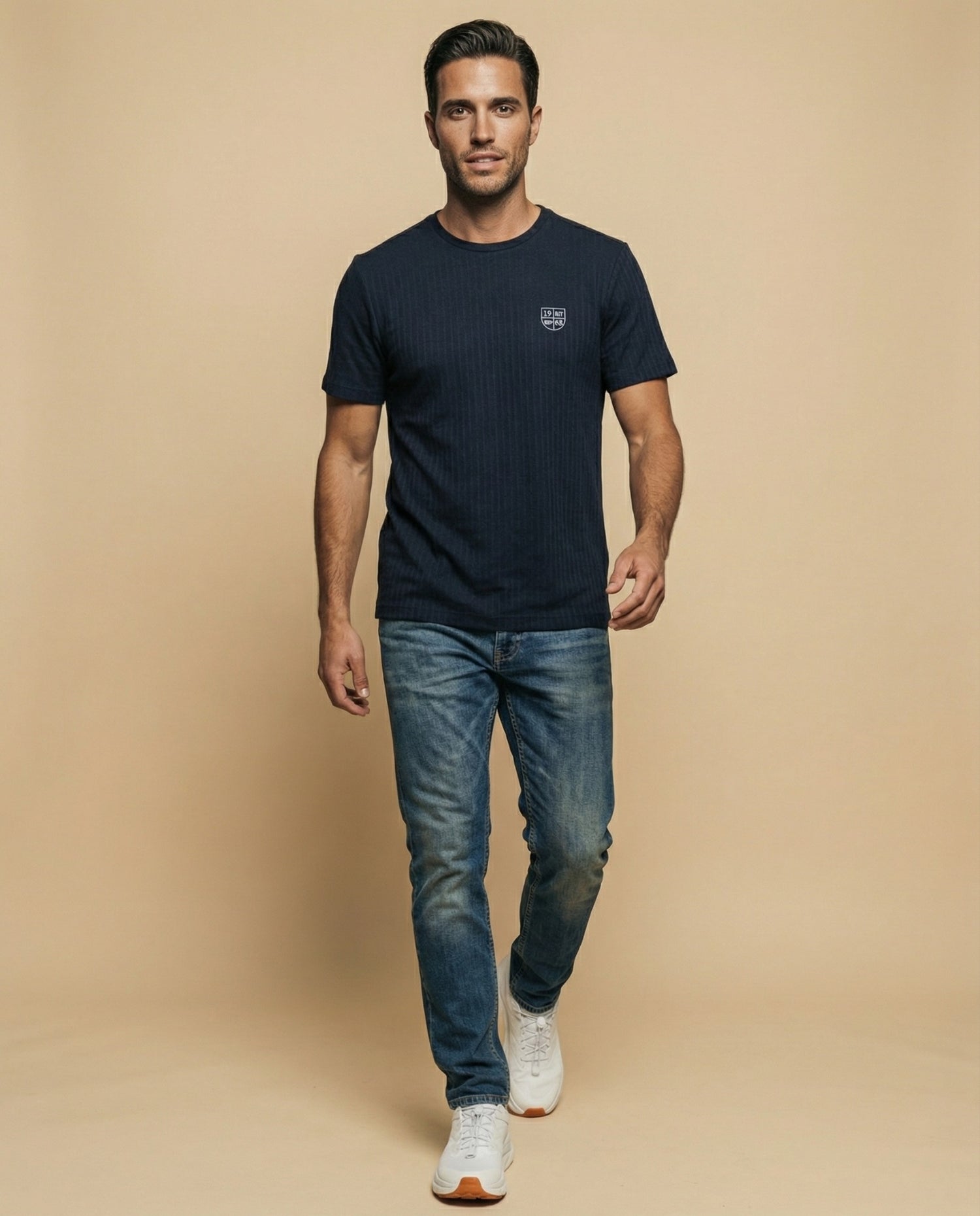 Camiseta manga corta con textura acanalada para hombre - Negro