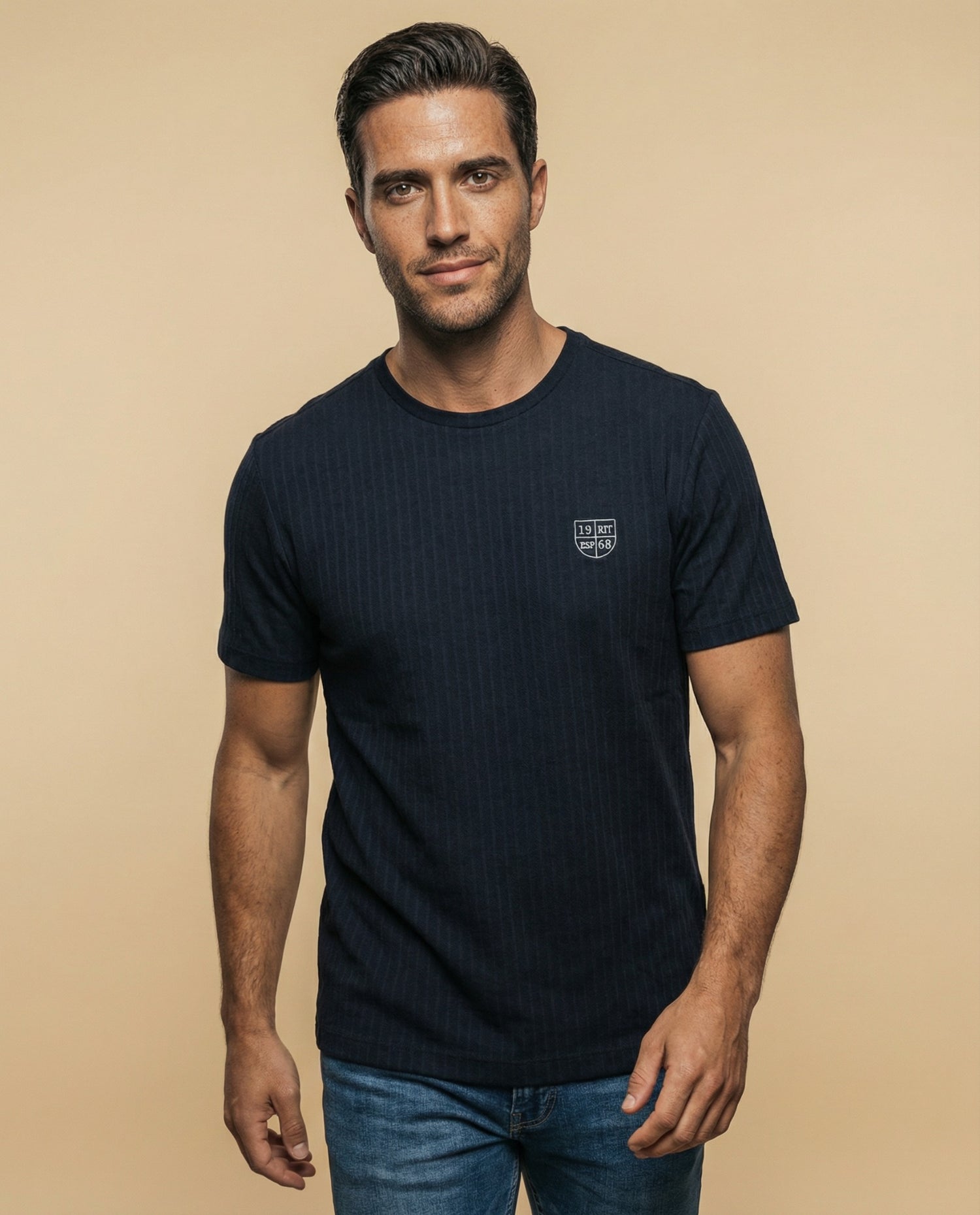 Camiseta manga corta con textura acanalada para hombre - Negro