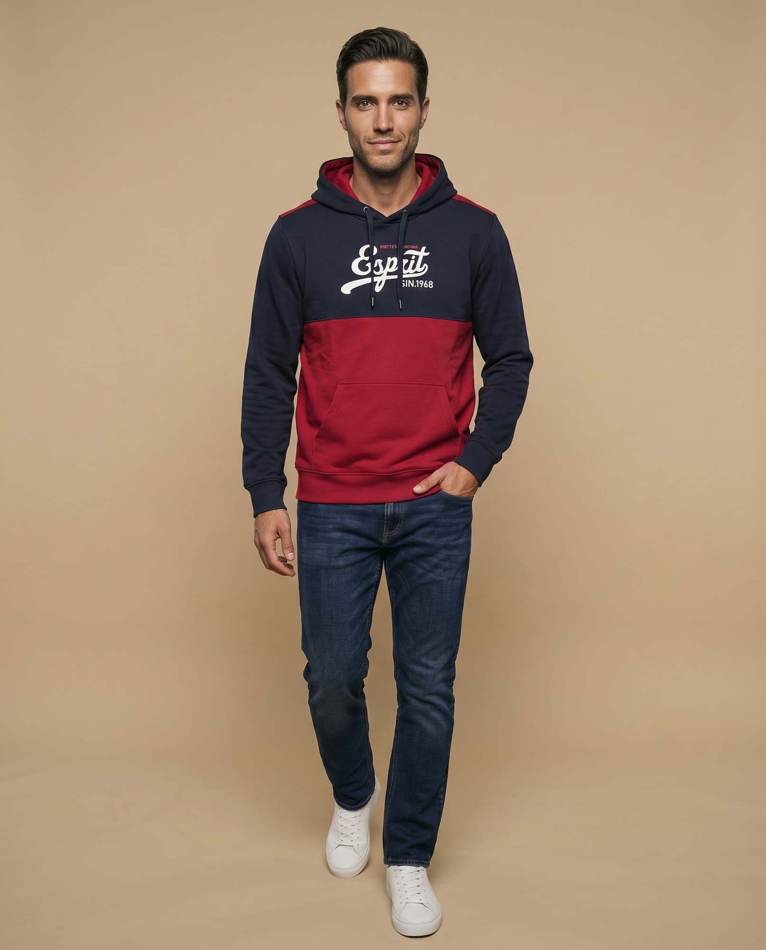 Sudadera con capucha y estampado en bloques de color para hombre - Rojo