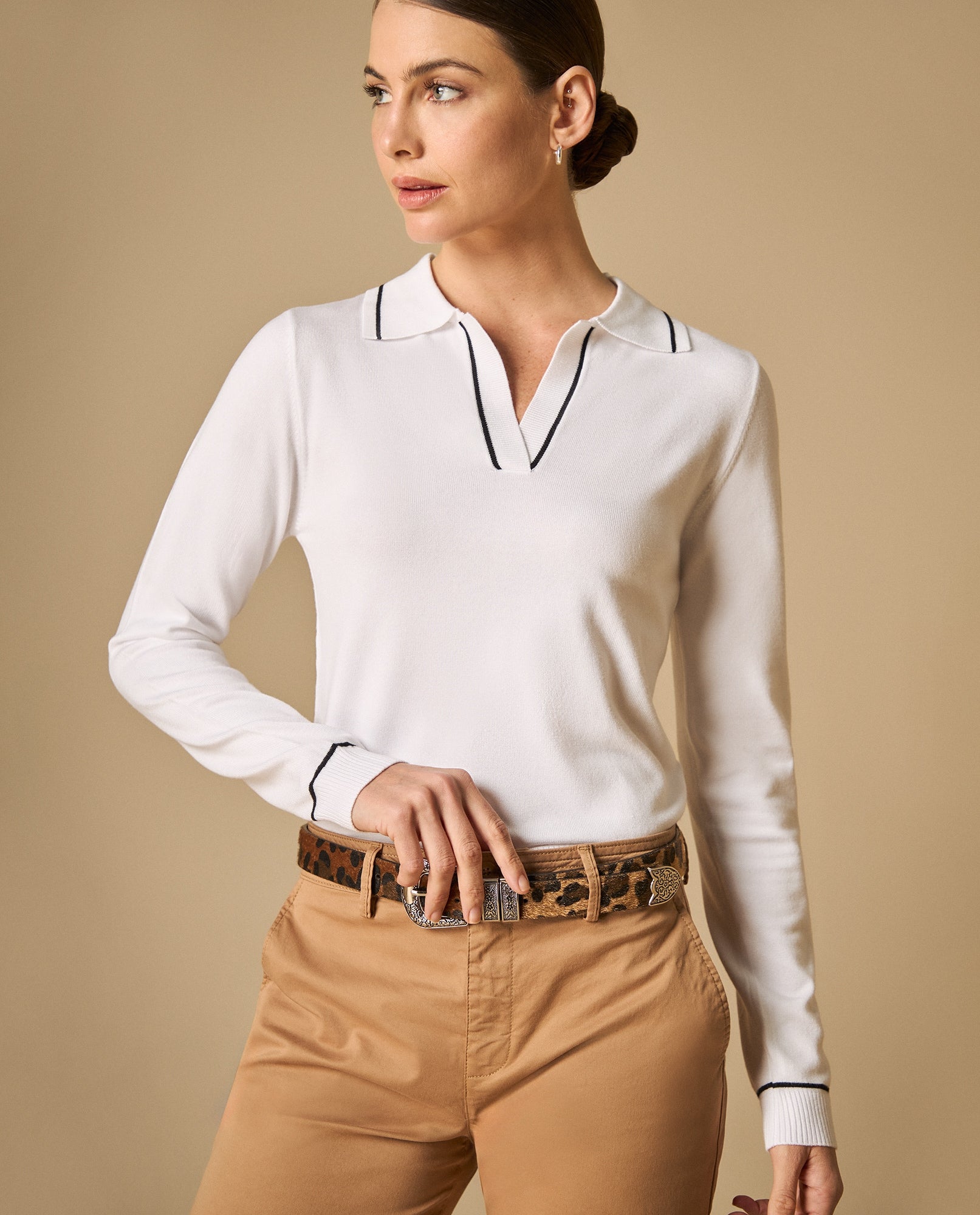 Camiseta tejida cuello en V manga larga - Crudo 34_401H202_CRU111001_0