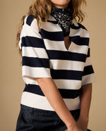 Camiseta tejida tipo polo cuello en V manga larga - Azul