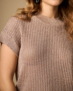 Camiseta tejida con hilos metálicos manga larga cuello redondo - Rosa