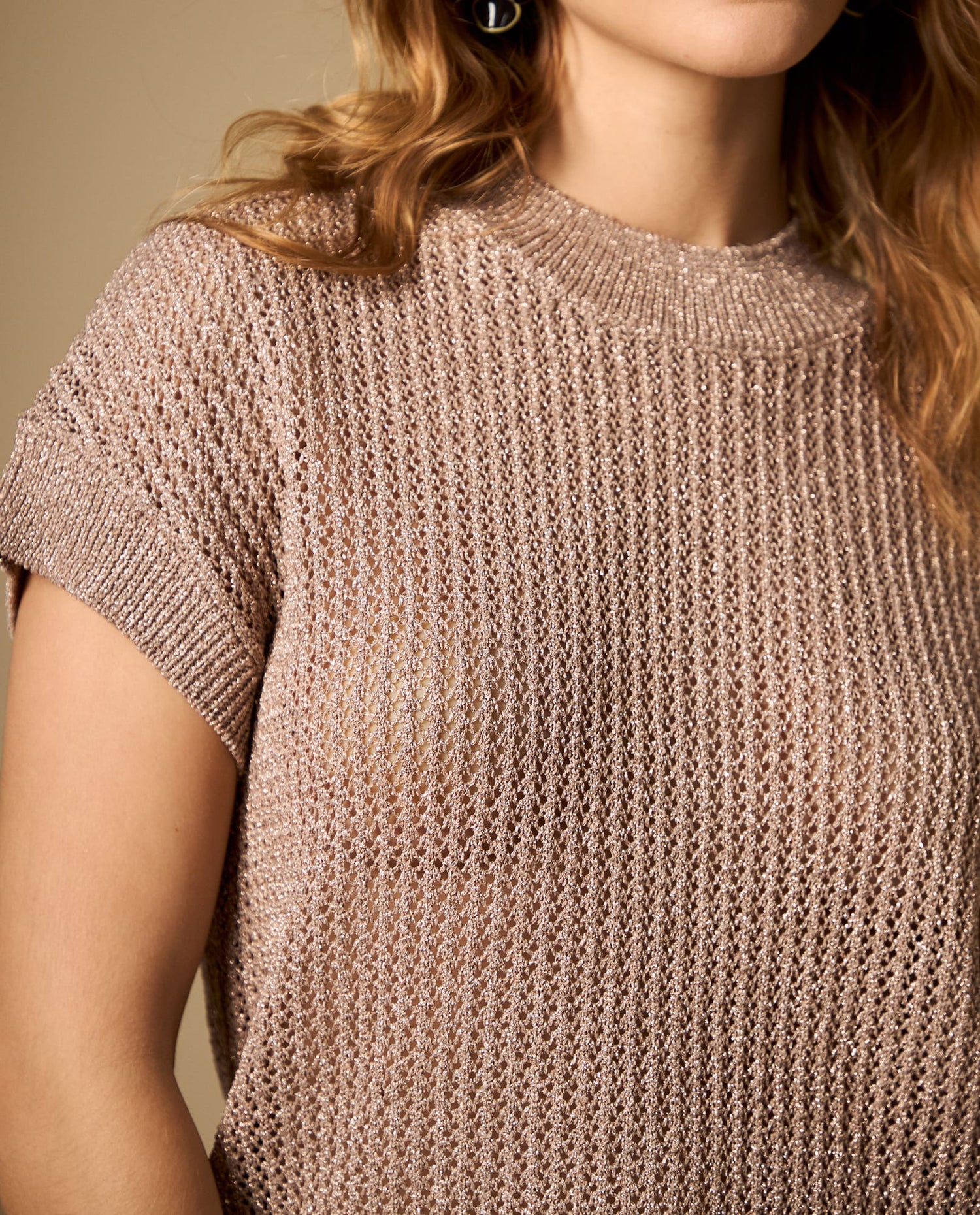 Camiseta tejida con hilos metálicos manga larga cuello redondo - Rosa