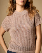 Camiseta tejida con hilos metálicos manga larga cuello redondo - Rosa