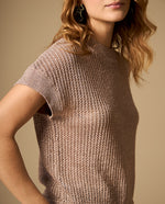 Camiseta tejida con hilos metálicos manga larga cuello redondo - Rosa