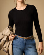 Camiseta tejida manga larga con textura acanalada - Negro
