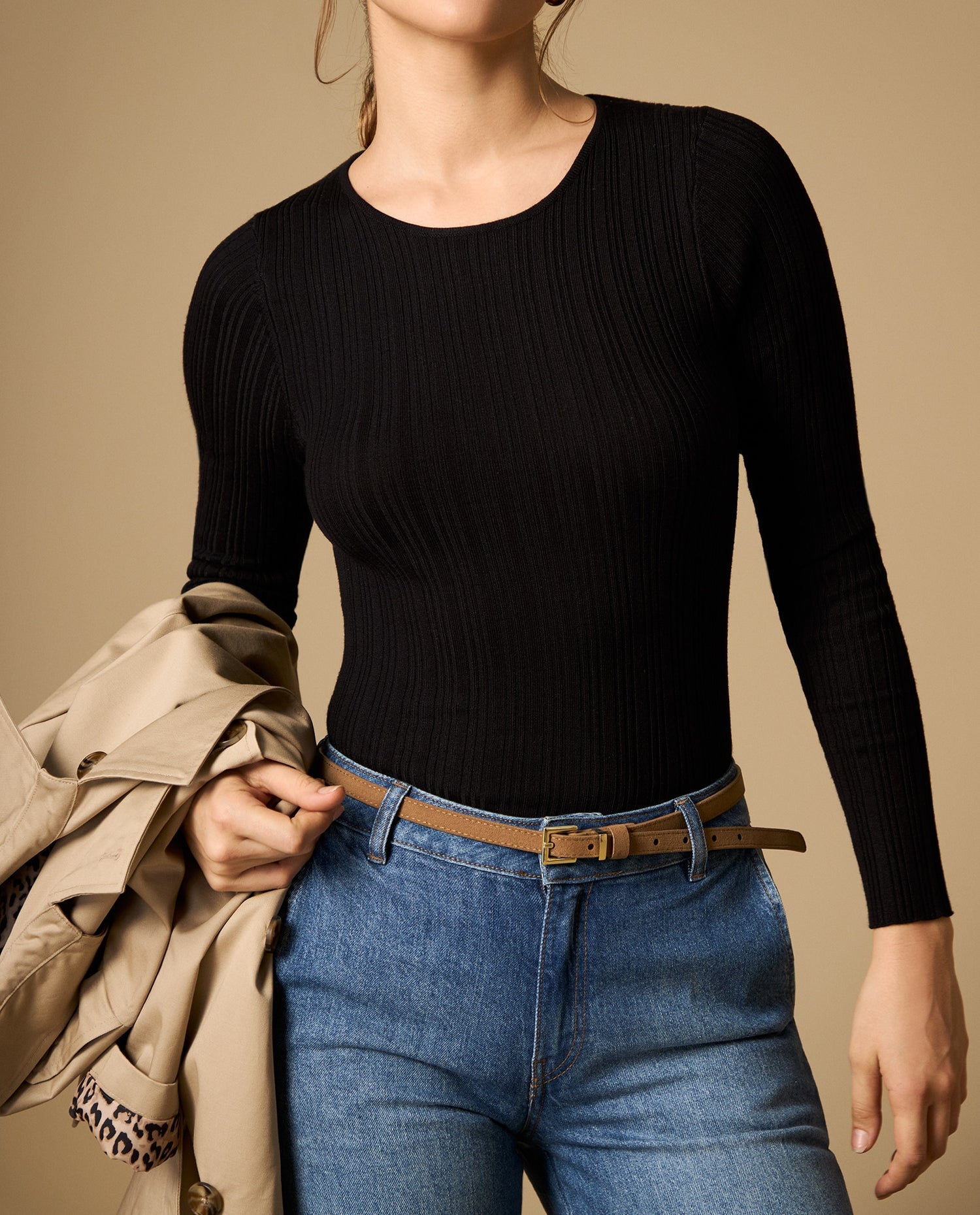 Camiseta tejida manga larga con textura acanalada - Negro