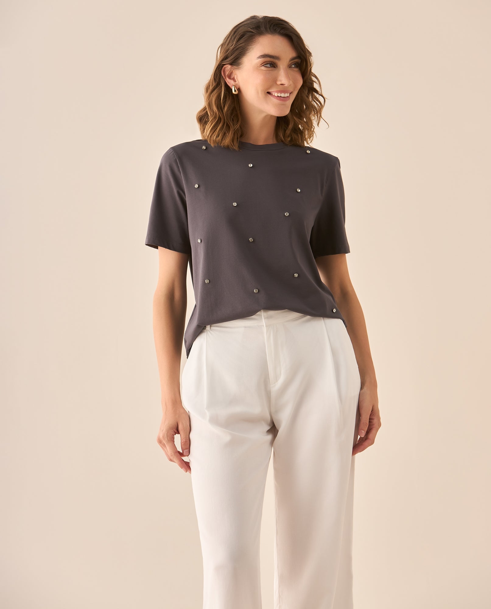 Camiseta manga corta con apliques de piedra para mujer - Gris 34_403G008_GRI190203_4