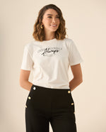 Camiseta maga corta con estampado y bordado para mujer - Crudo