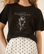 Camiseta maga corta con estampado y bordado para mujer - Negro