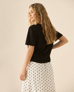 Camiseta maga corta con estampado y bordado para mujer - Negro