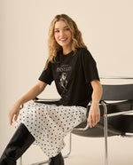 Camiseta maga corta con estampado y bordado para mujer - Negro