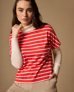 Camiseta Rayas Rojo Cerezo con Cuello Blanco - Rojo