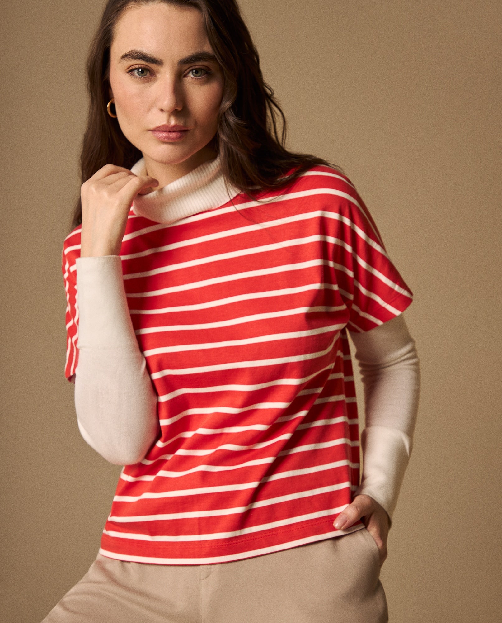 Camiseta Rayas Rojo Cerezo con Cuello Blanco - Rojo 34_409G010_ROJ181551_0