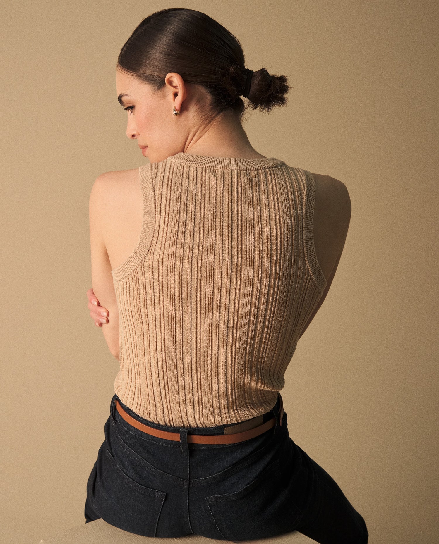 Camiseta Acanalada Beige Sin Mangas Premium - Beige