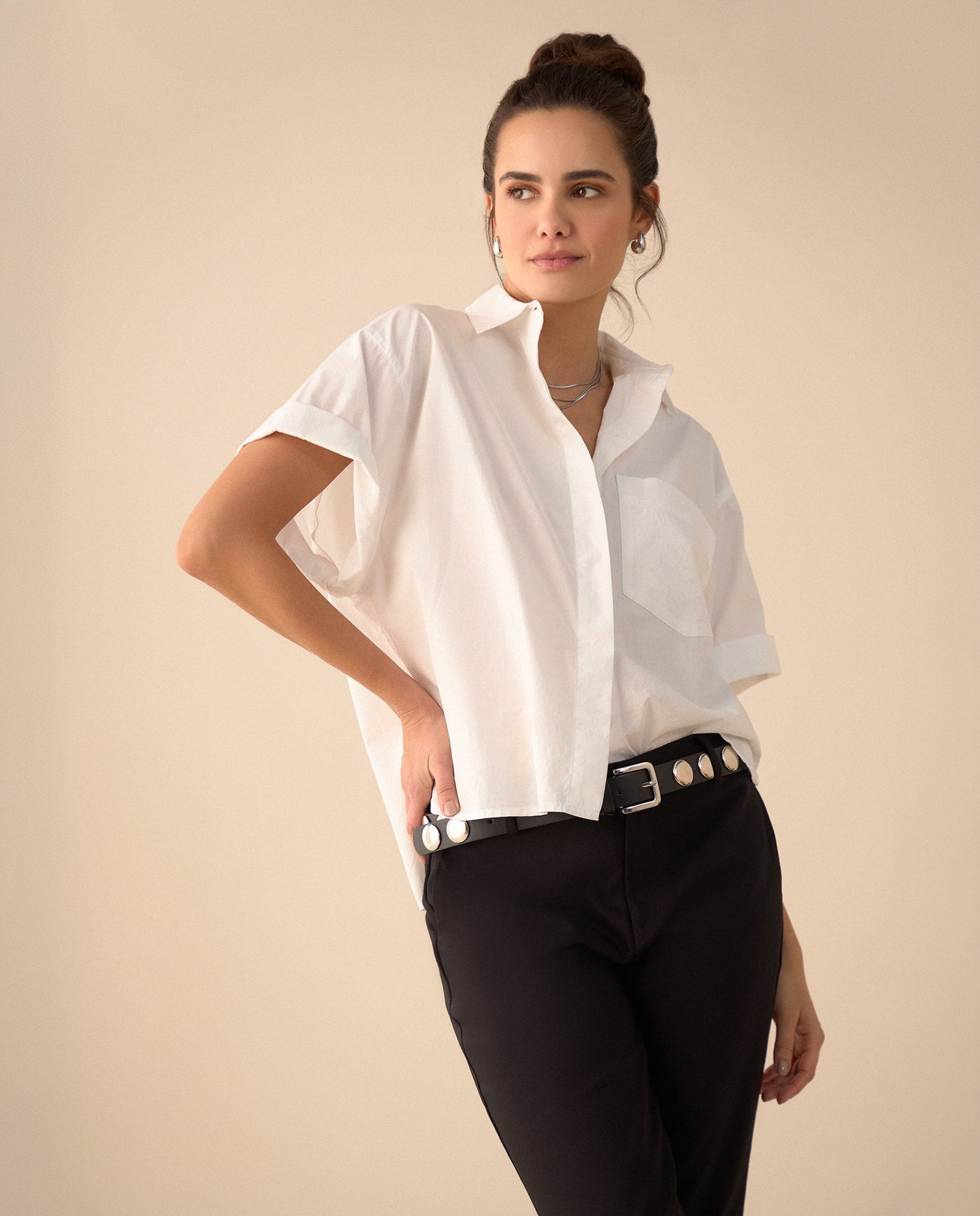 Camisa de manga corta con guardapolvo para mujer - Blanco