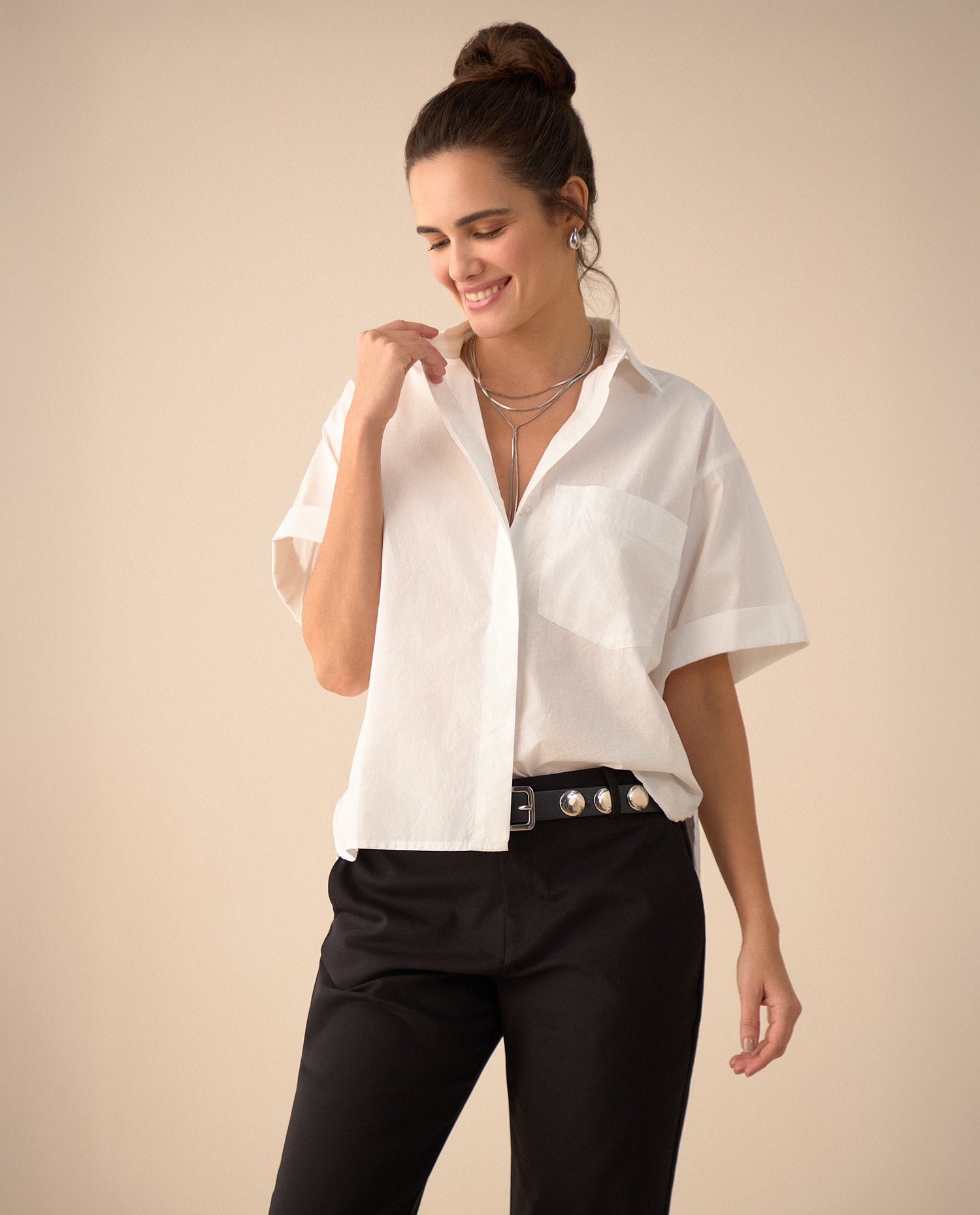 Camisa de manga corta con guardapolvo para mujer - Blanco