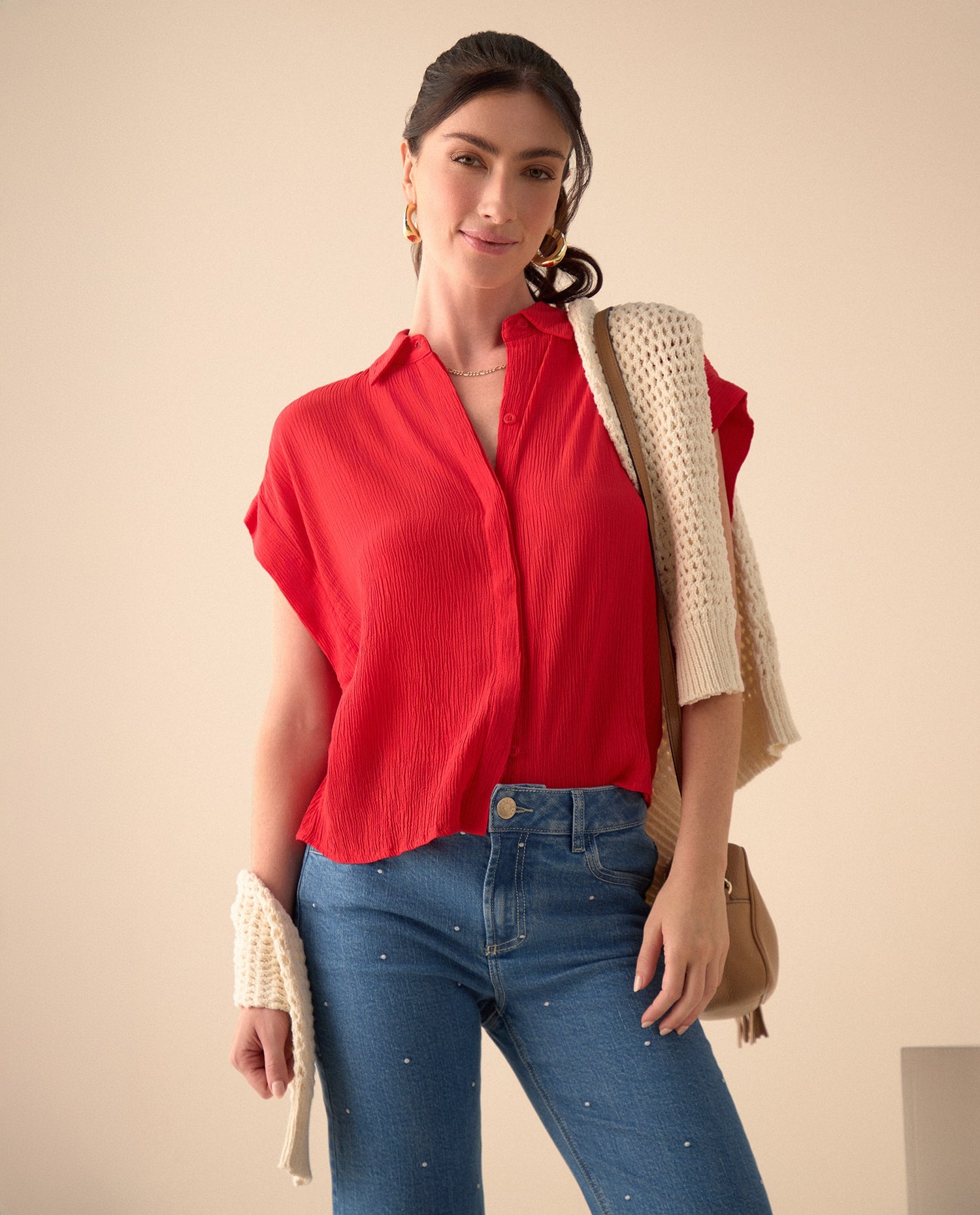 Camisa de tela con textura para mujer - Rojo