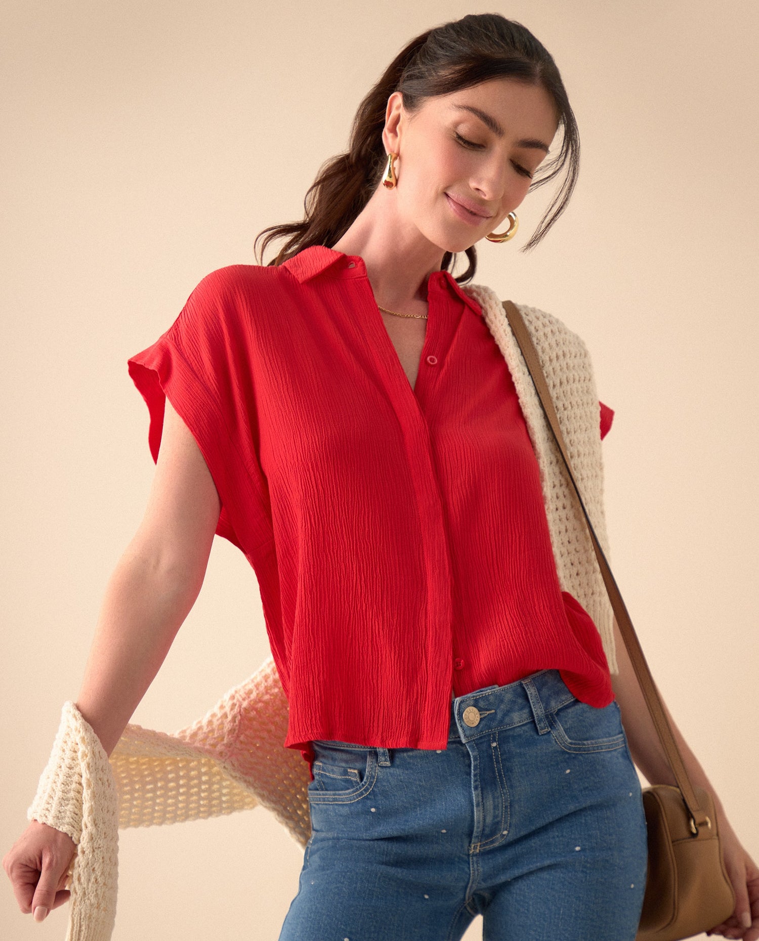 Camisa de tela con textura para mujer - Rojo