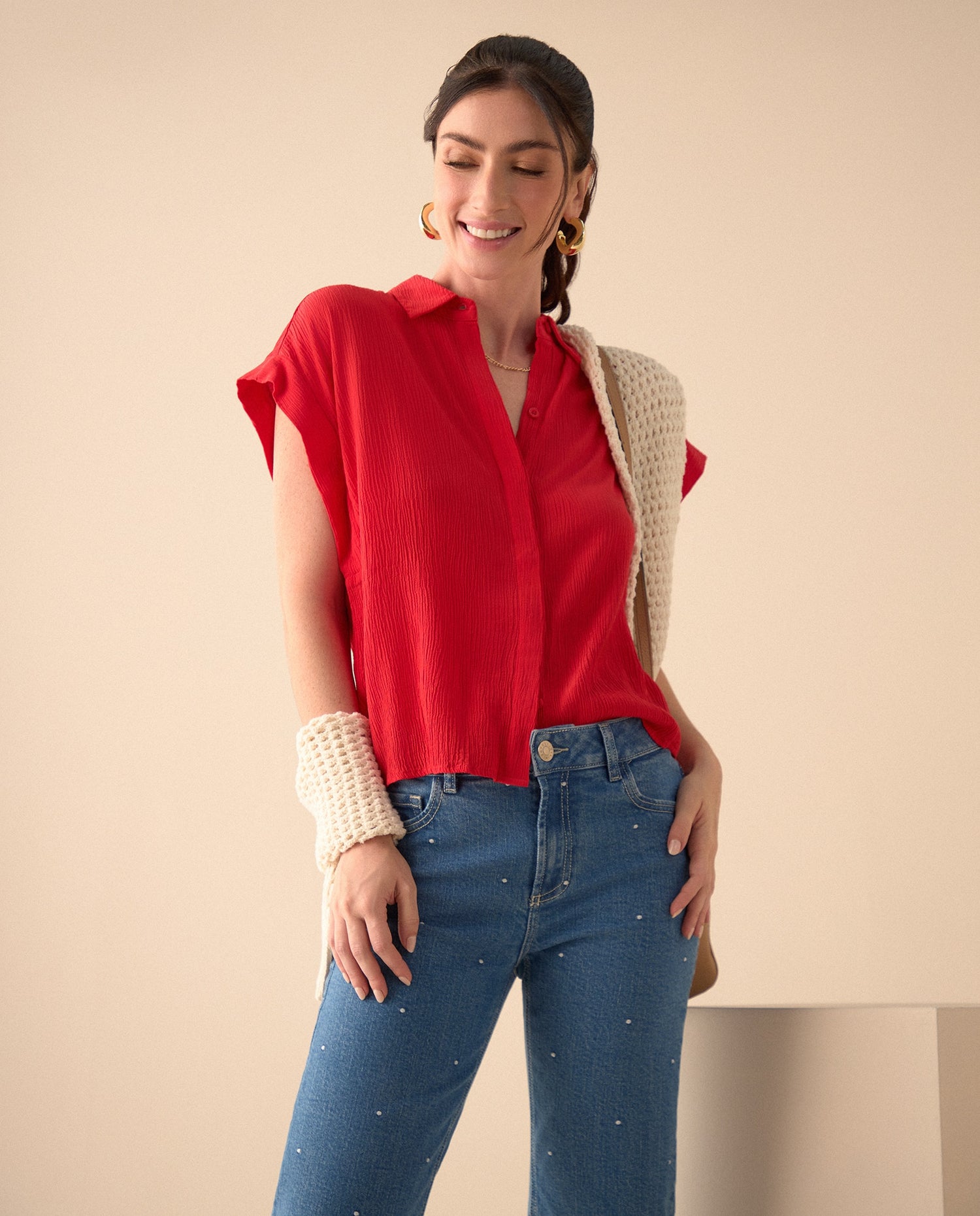 Camisa de tela con textura para mujer - Rojo