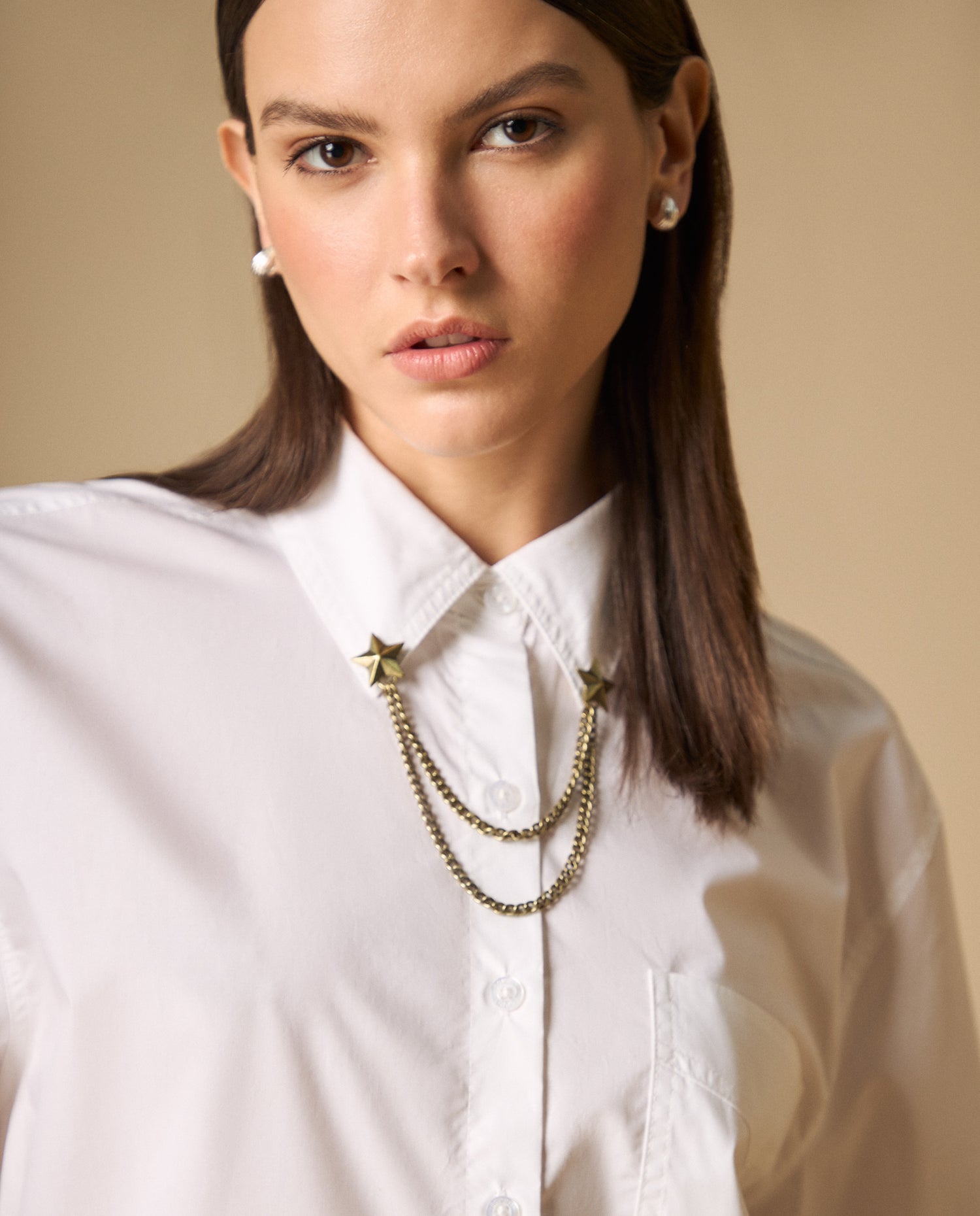 Camisa de cuello camisero manga larga en algodón - Blanco