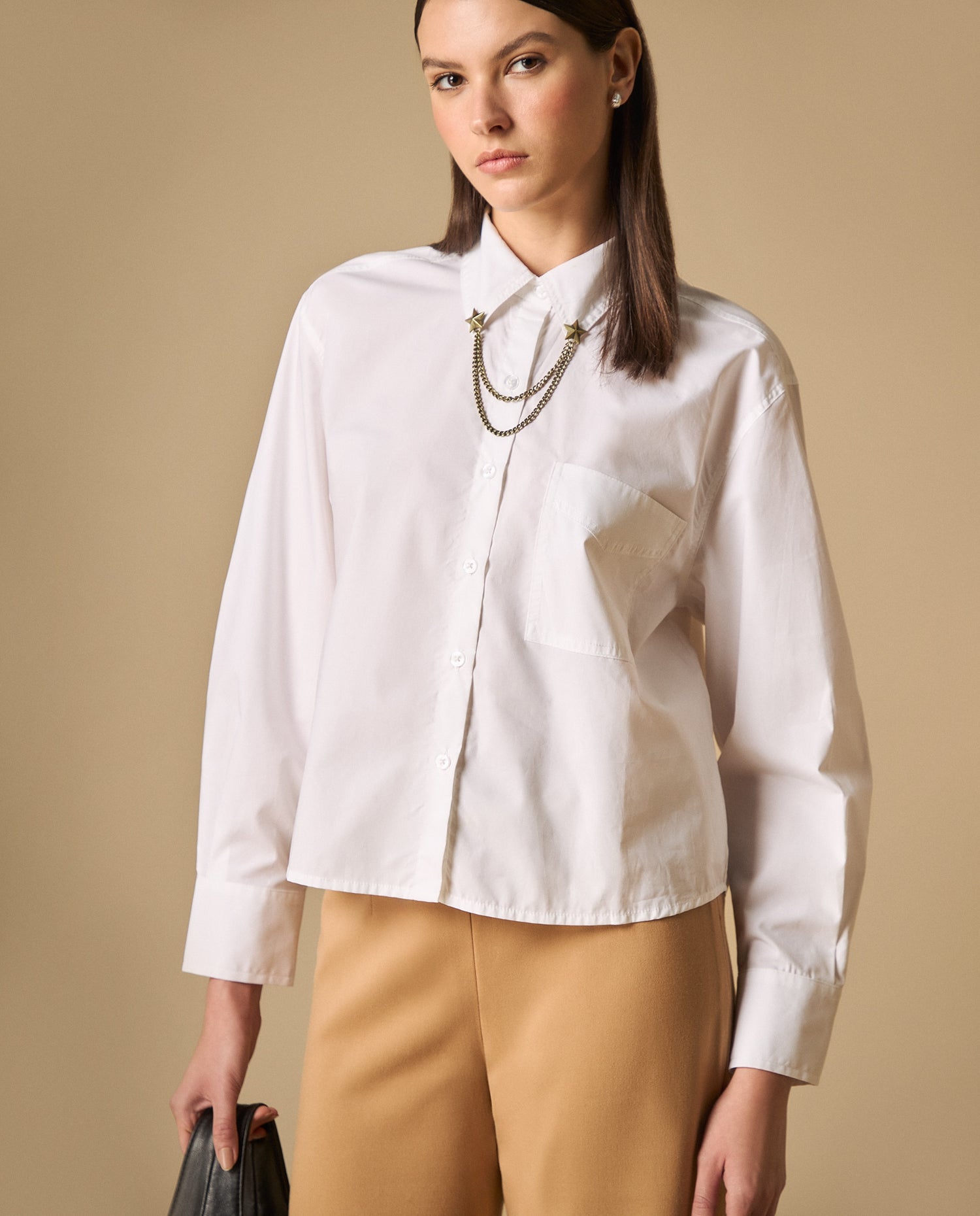 Camisa de cuello camisero manga larga en algodón - Blanco