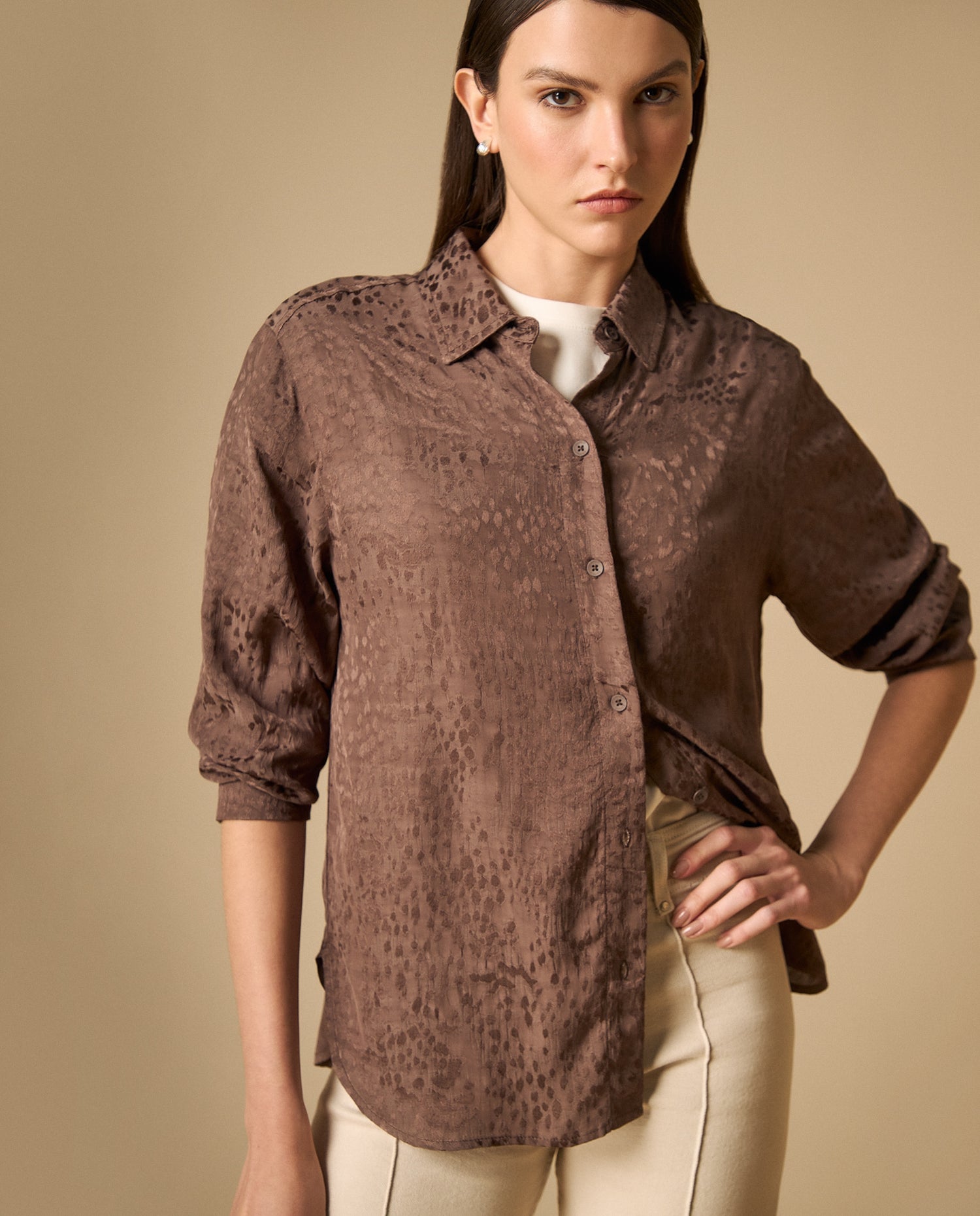 Camisa camisera manga larga con acabado hecho a mano - Marron