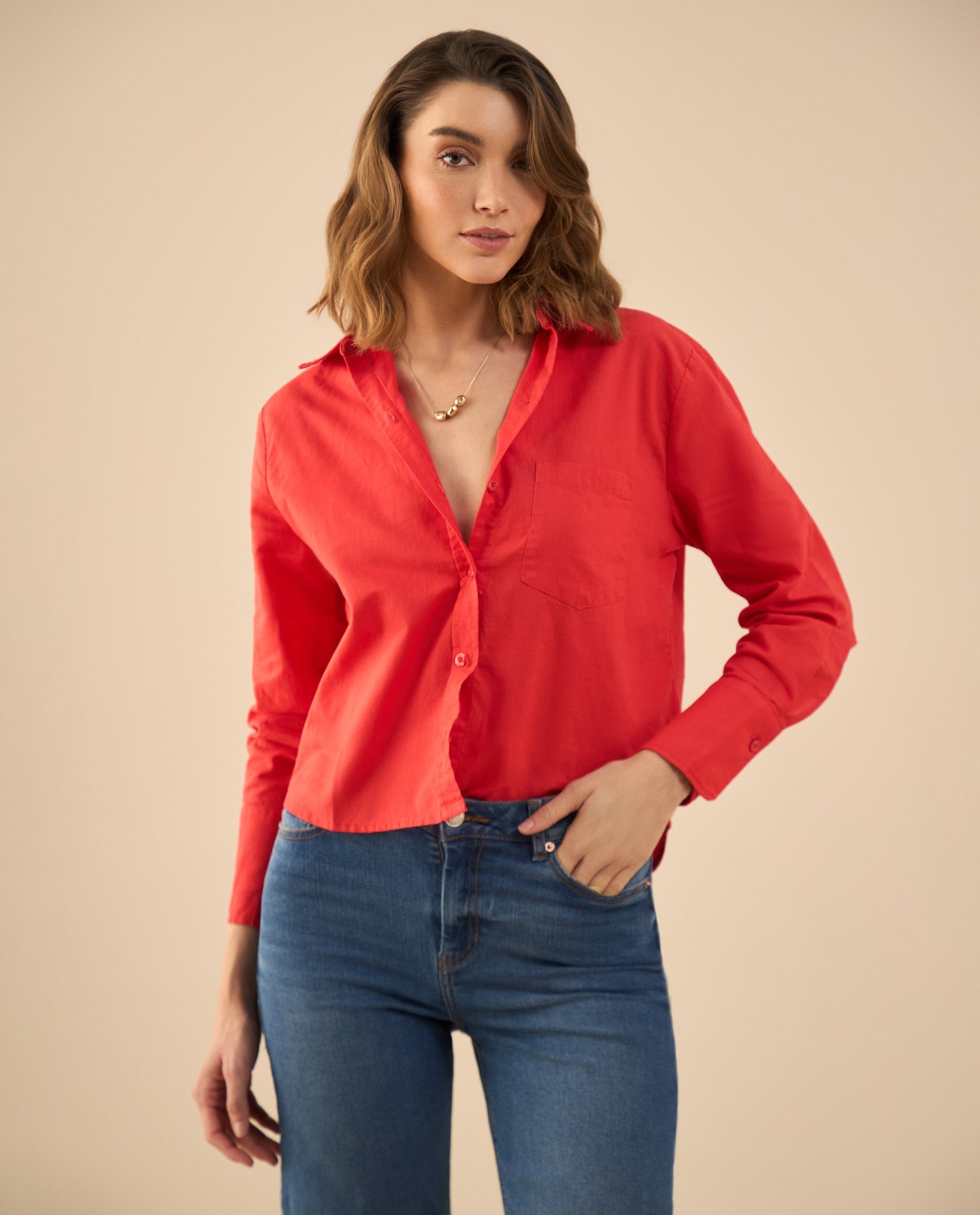 Camisa clásica manga larga para mujer - Rojo