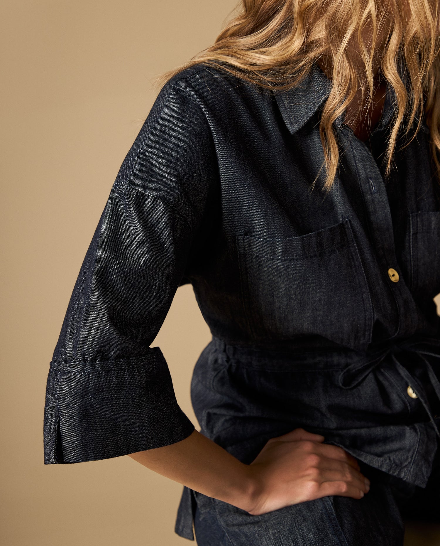 Camisa denim cuello camisero manga 3/4 - Azul