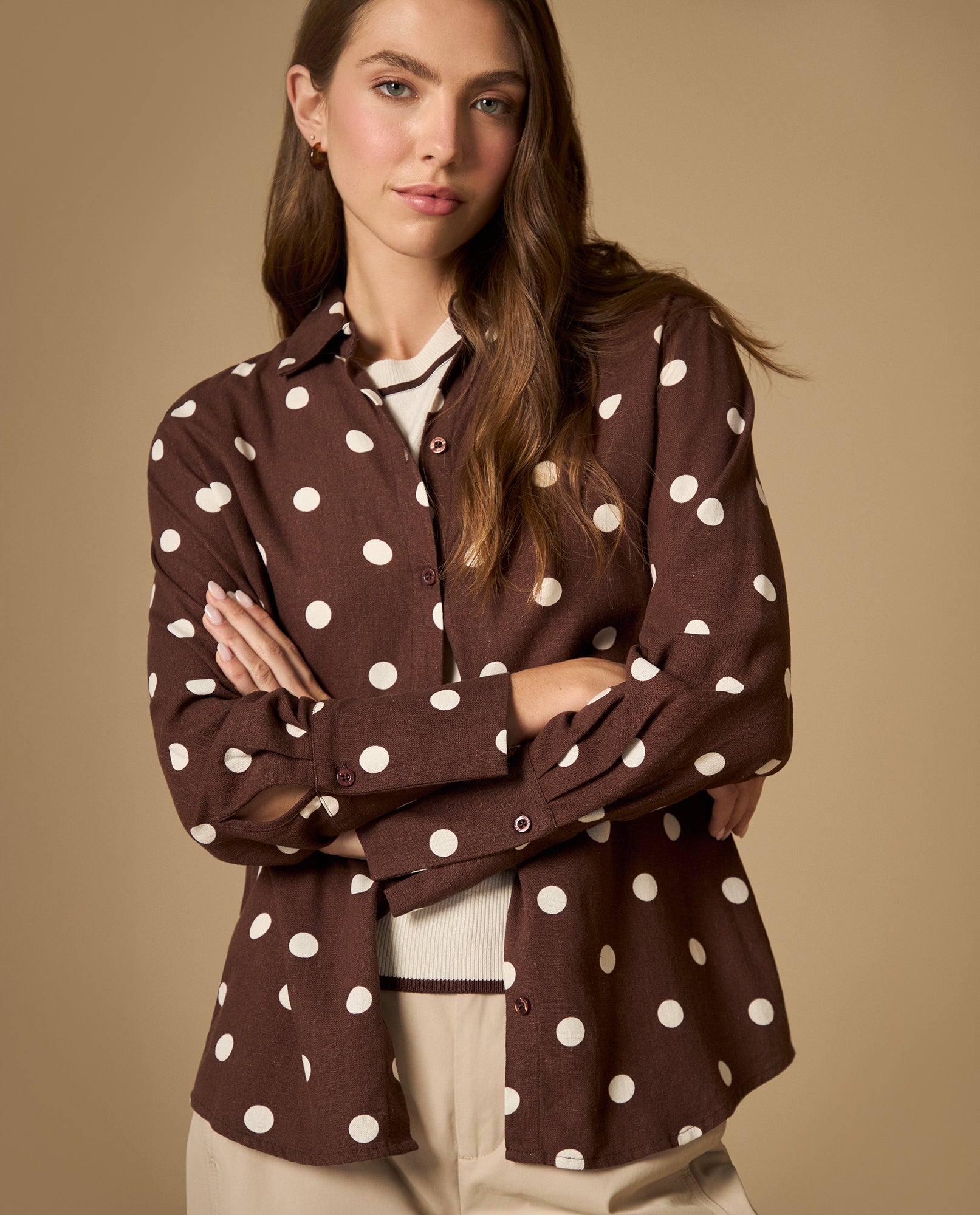 Camisa manga larga con estampado de puntos - Cafe 34_412H005_CAF191215_0