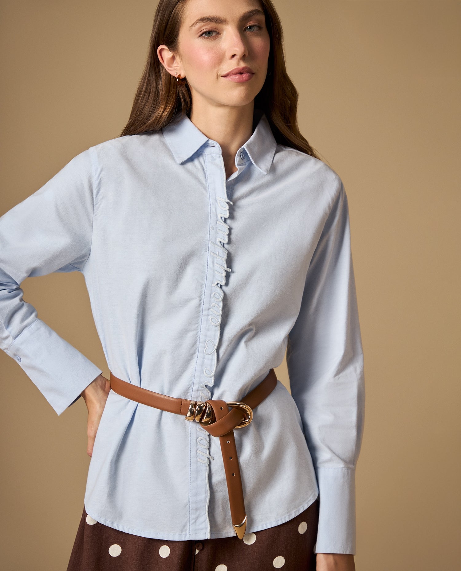 Camisa camisera manga larga con bordado frontal - Azul