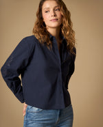 Camisa camisera manga larga con bordado floral - Azul
