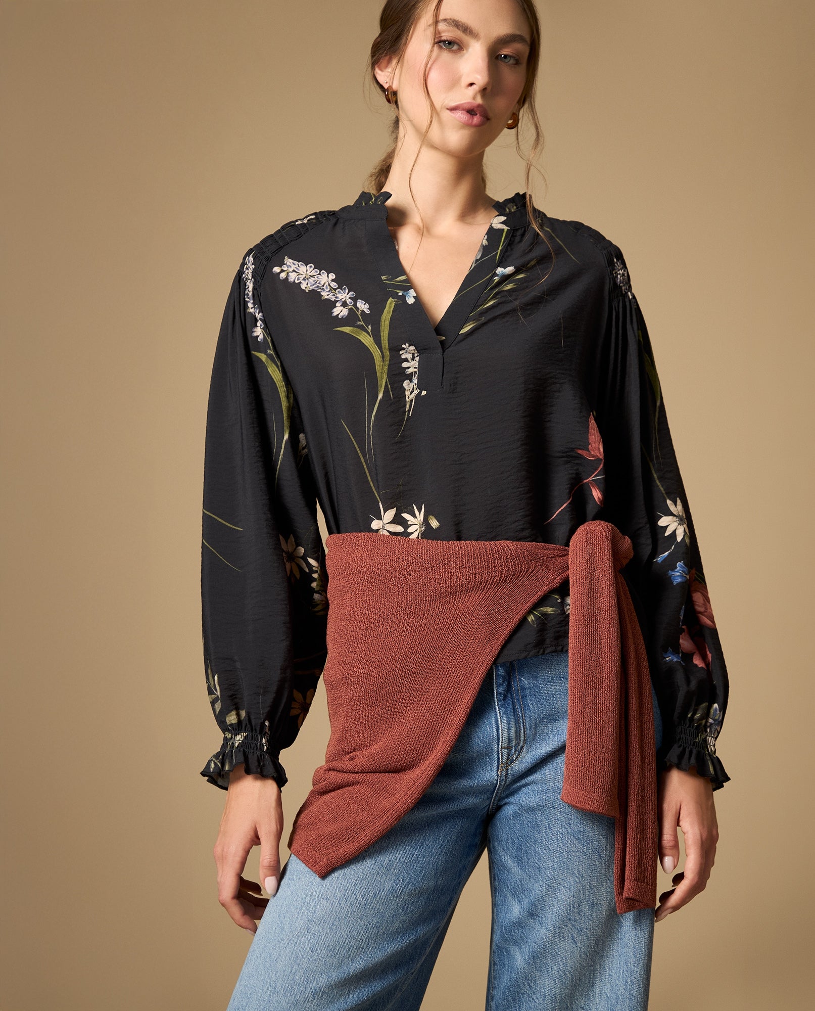 Camisa manga larga cuello en V de tejido fluido - Azul 34_412H015_AZU193923_0