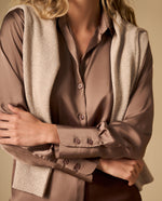 Camisa bordada manga corta cuello camisero - Café