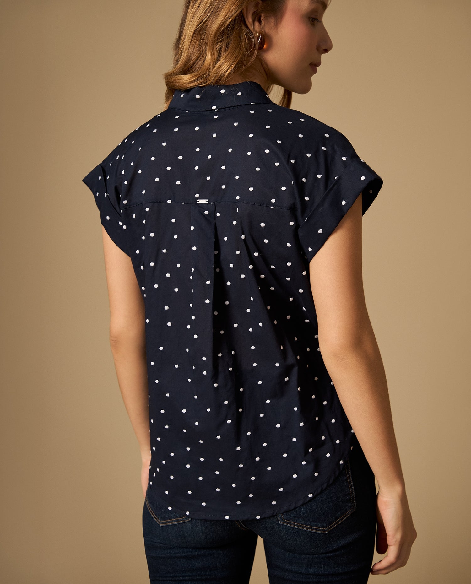 Camisa bordada manga corta con bolsillo frontal - Azul