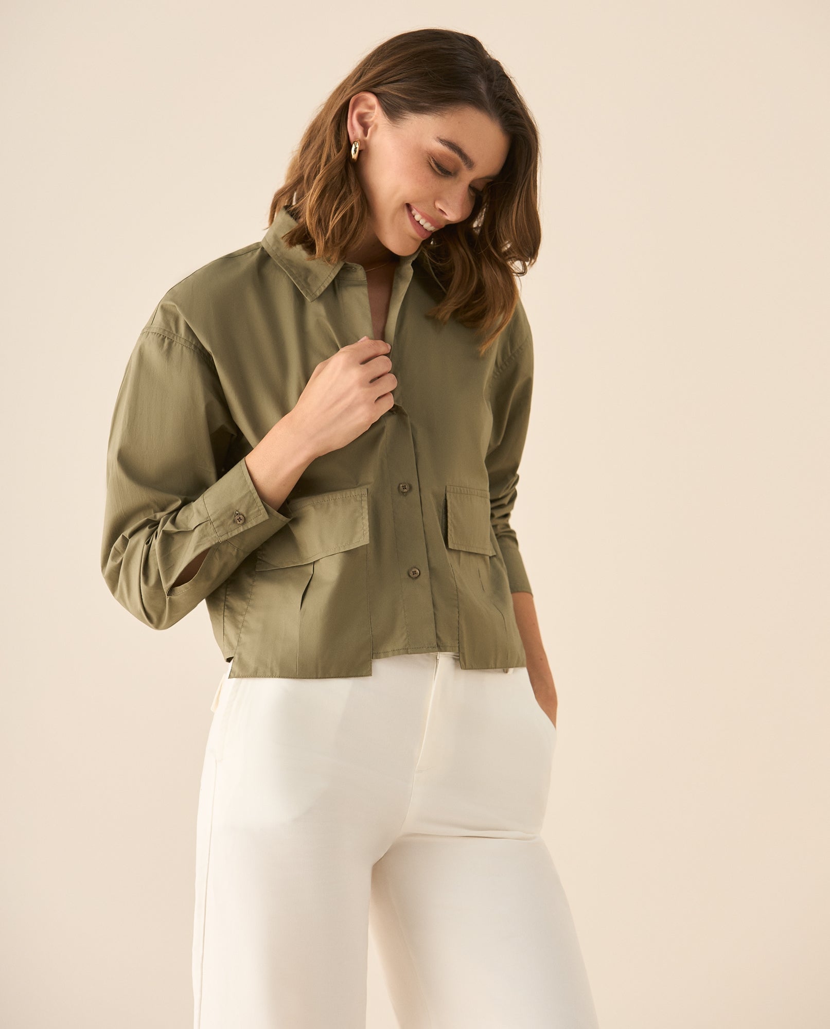 Camisa manga larga con bolsillos de tapa para mujer  - Verde 34_413G000_VER170517_5