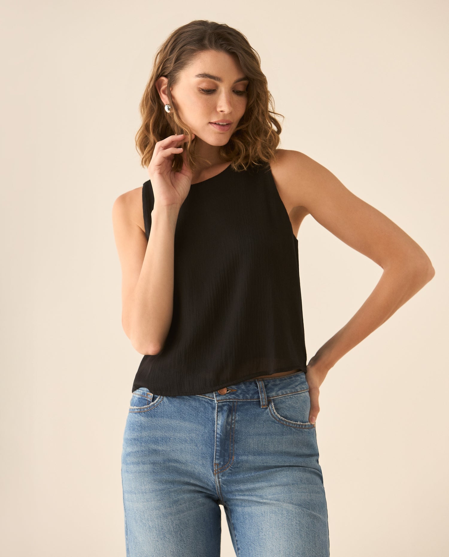 Camisa manga sisa con textura para mujer  - Negro