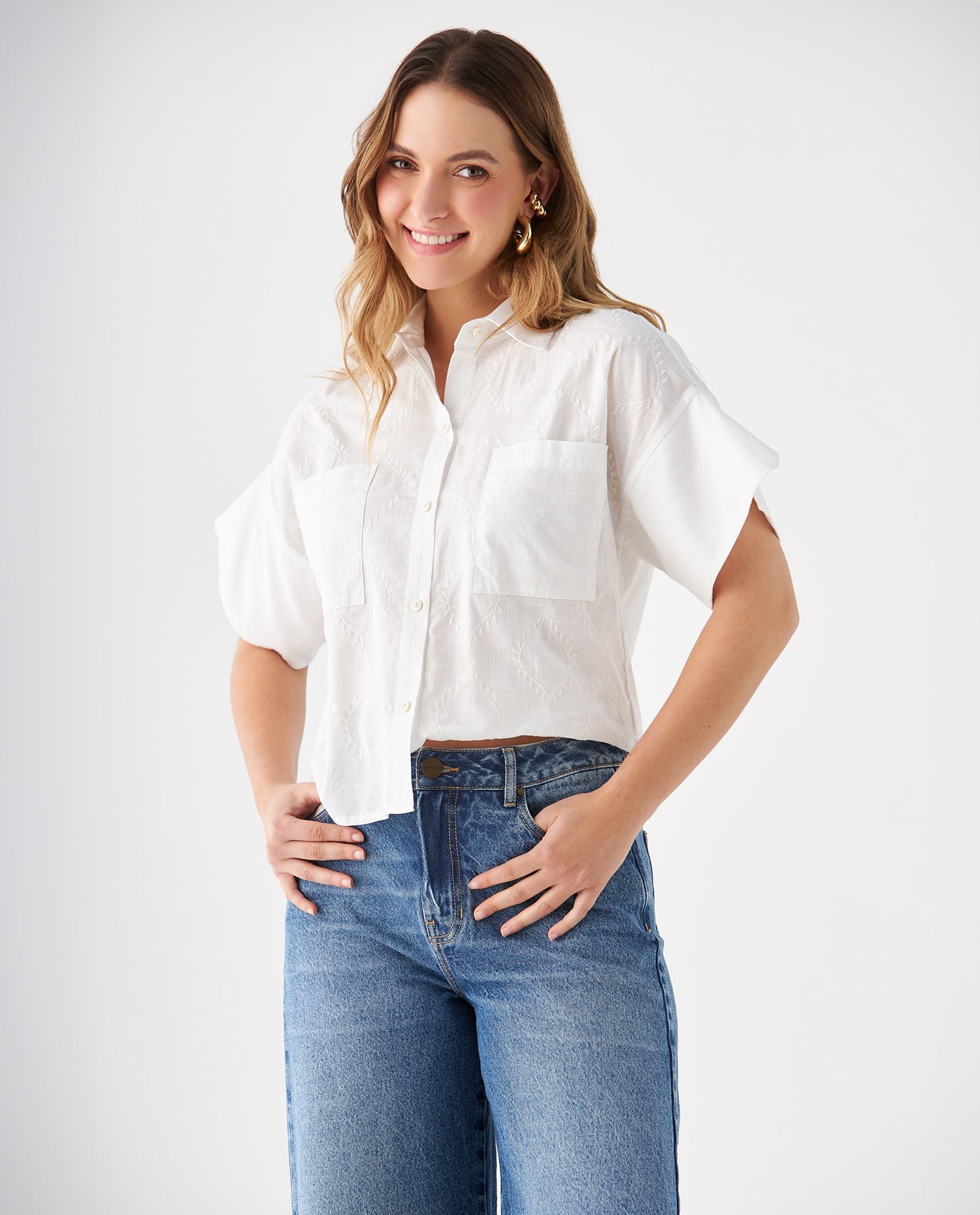 Camisa con bolsillos de parche para mujer - Blanco