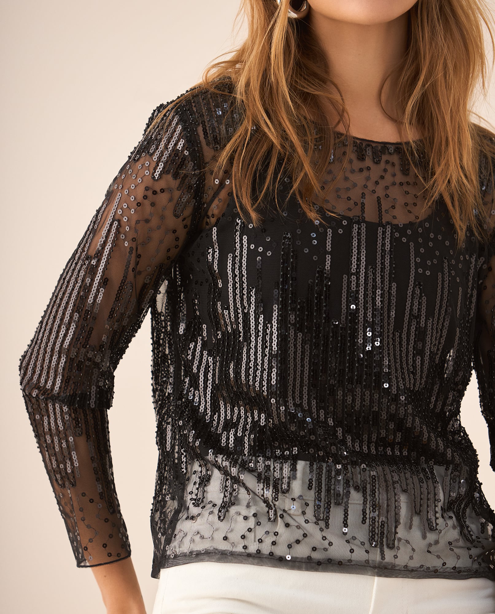 Camisa de tela con transparencia para mujer - Negro 34_419F200_NEG193909_0