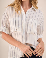 Camisa Blanca Rayas Azules Manga 3/4 - Blanco