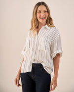 Camisa Blanca Rayas Azules Manga 3/4 - Blanco