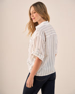 Camisa Blanca Rayas Azules Manga 3/4 - Blanco