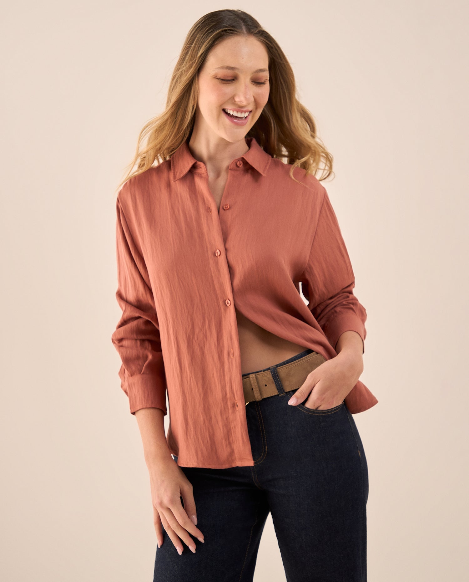 Camisa Naranja Fluida de Manga Larga - Naranja