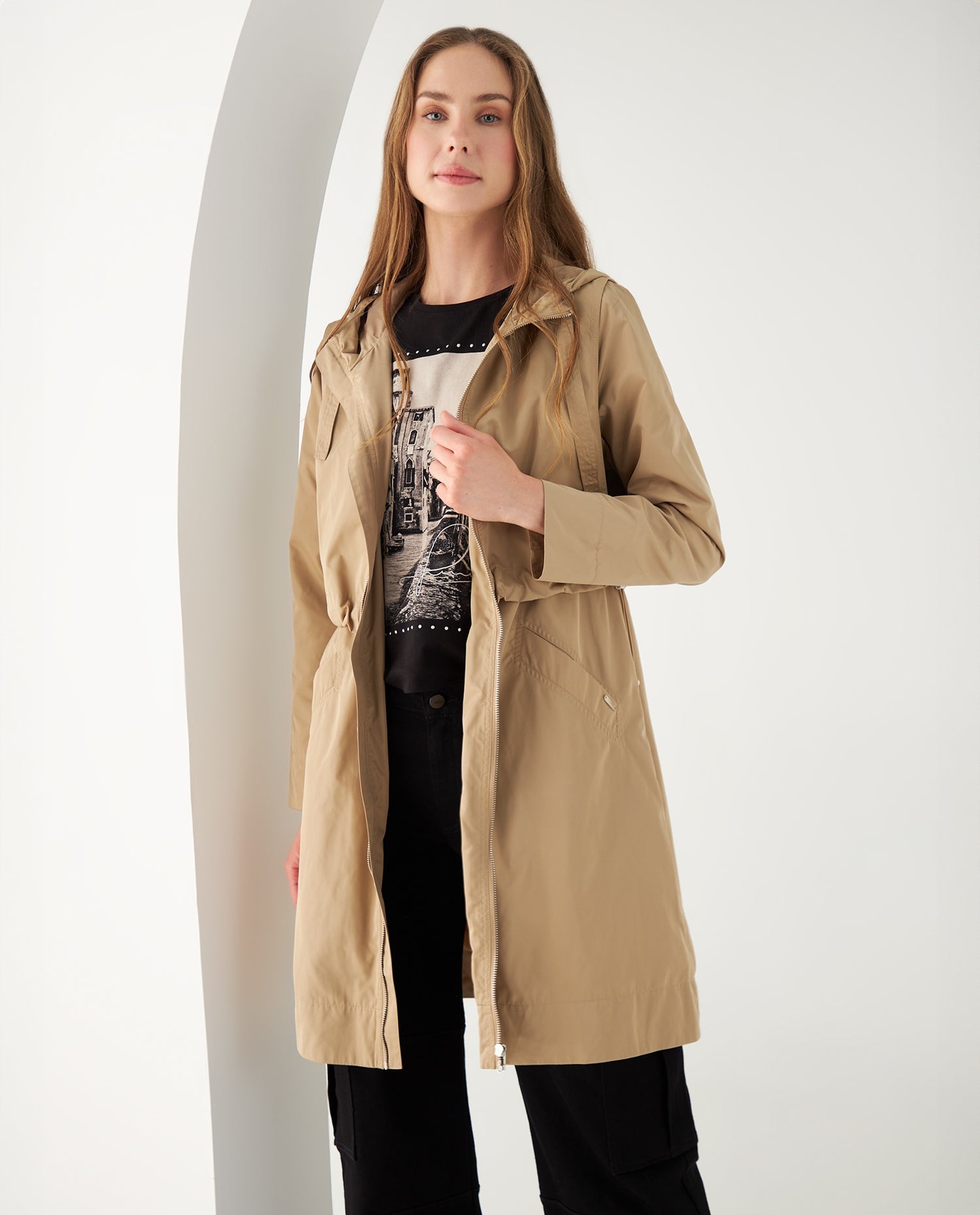 Chaqueta larga con capucha para mujer - Caqui