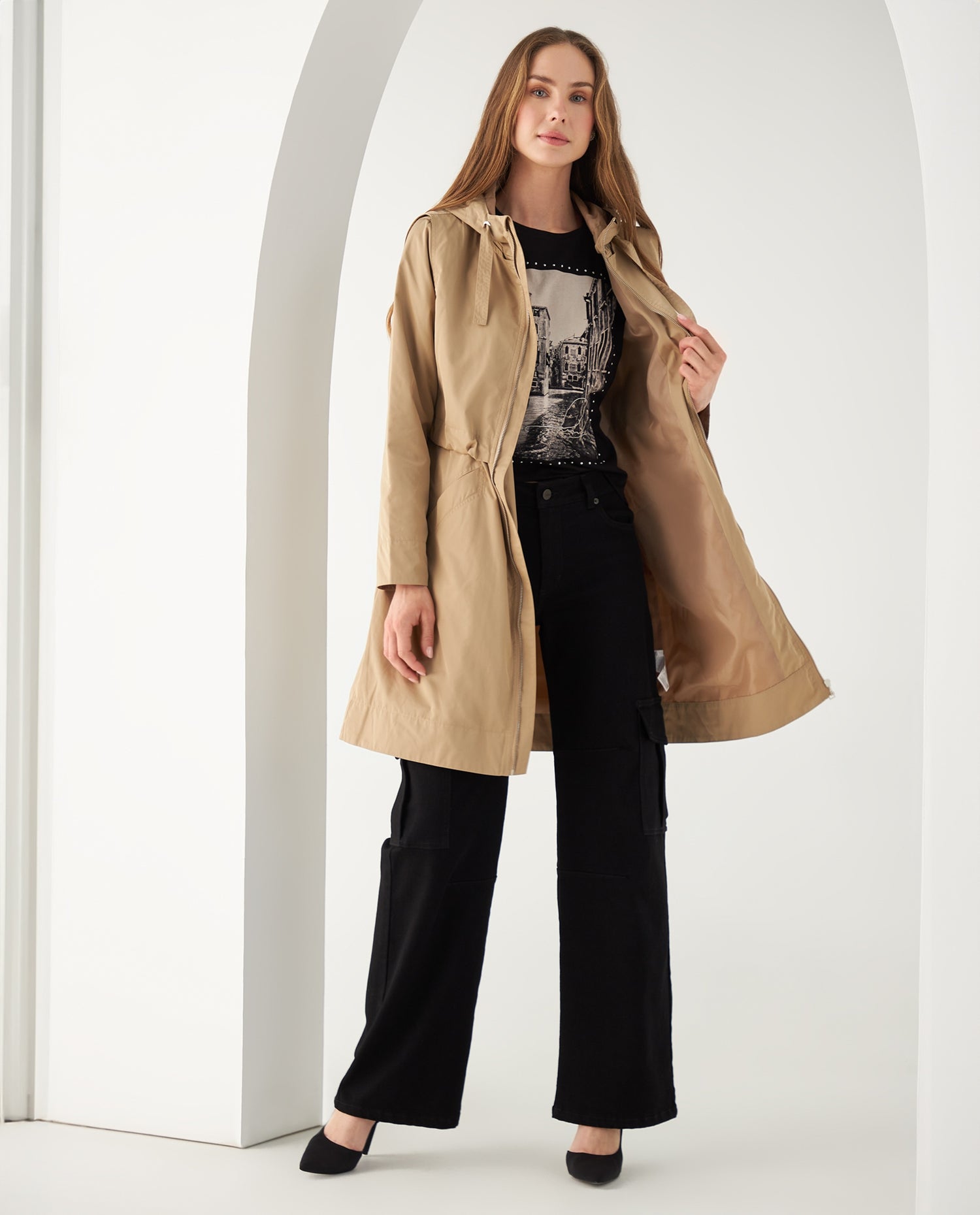 Chaqueta larga con capucha para mujer - Caqui